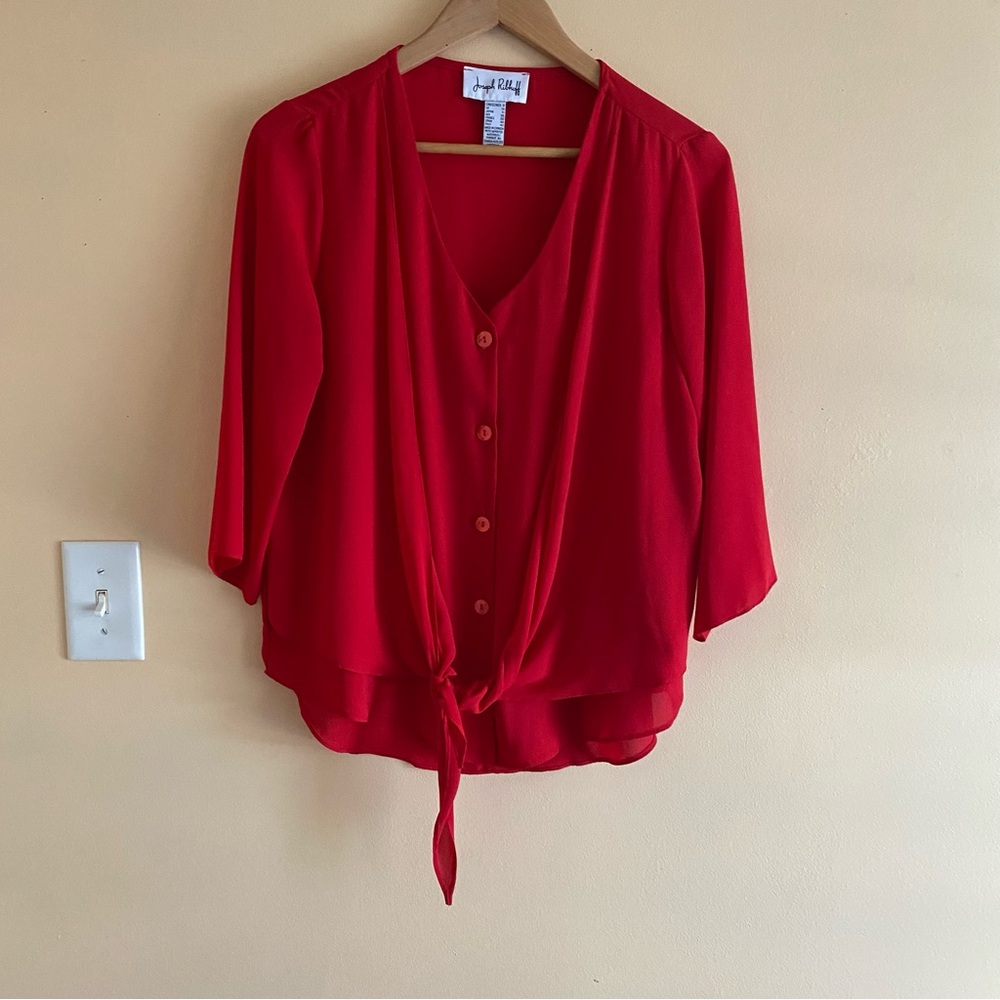 Joseph Ribkoff Red Tie Front Blouse Size 8 Chiffon V Neck 3/4 Sleeve Office - Picture 2 of 15